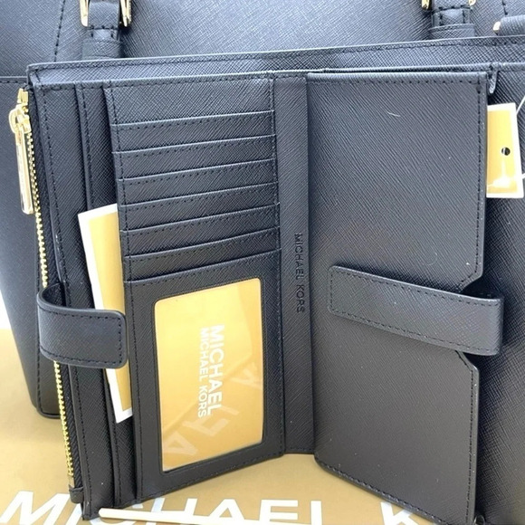 Michael Kors Large Charlotte Tote Bag & Double Zip Wallet Black/Gold (NWT) - Picture 7 of 11